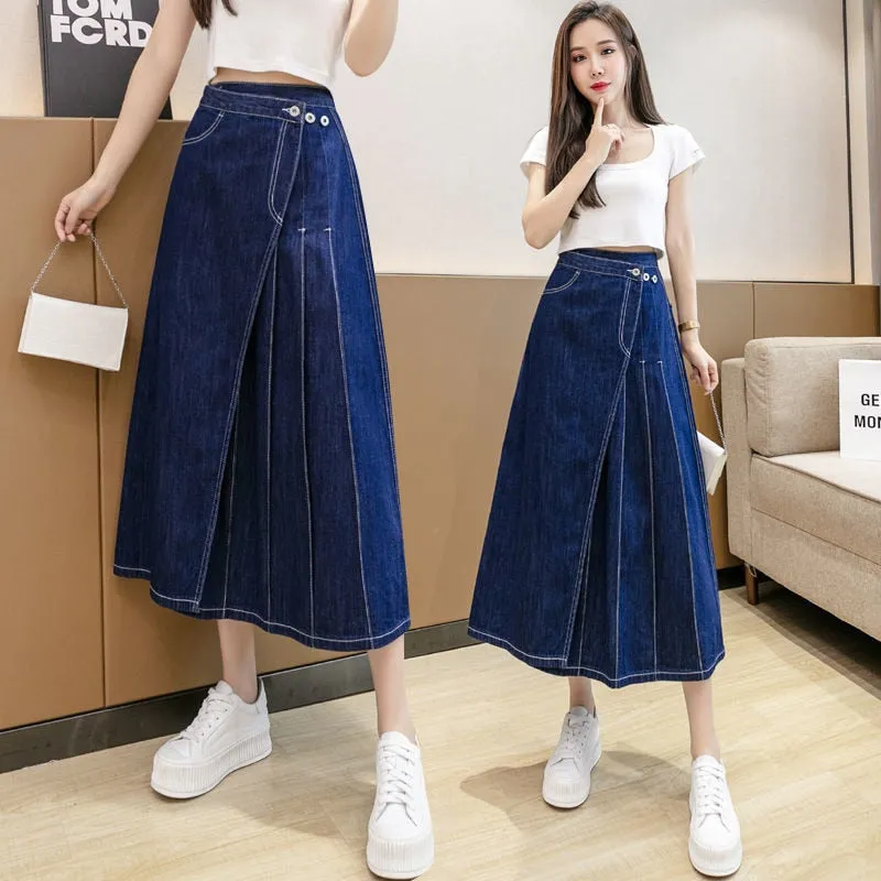 Pleated Midi Denim Skirt Irregular Jean Skirts