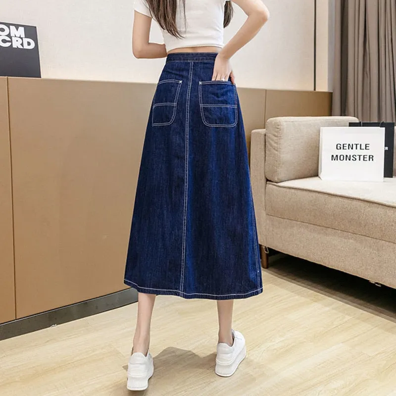 Pleated Midi Denim Skirt Irregular Jean Skirts