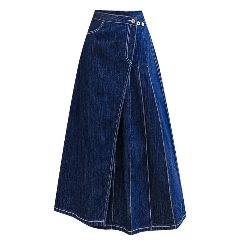 Pleated Midi Denim Skirt Irregular Jean Skirts