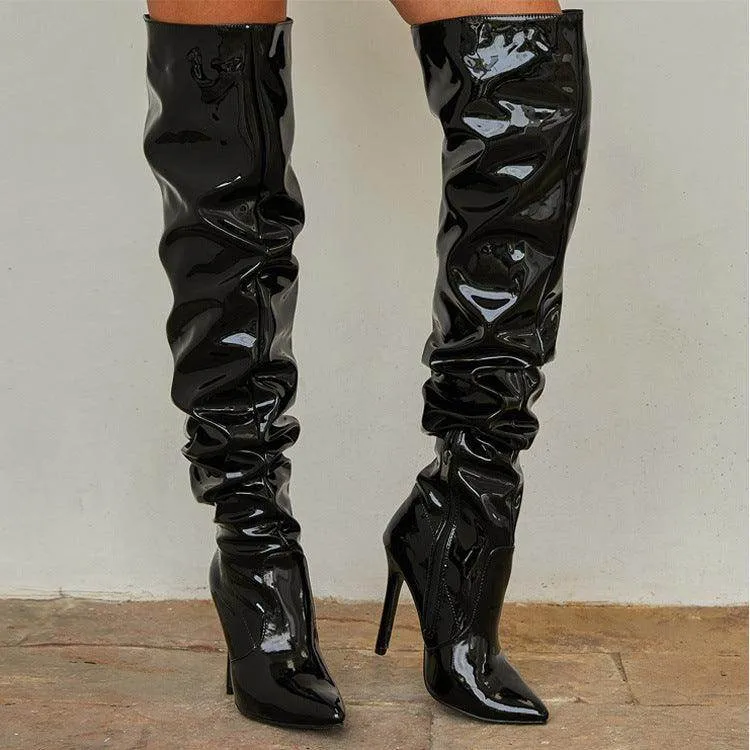 Pleated Over The Knee PU Leather Boots