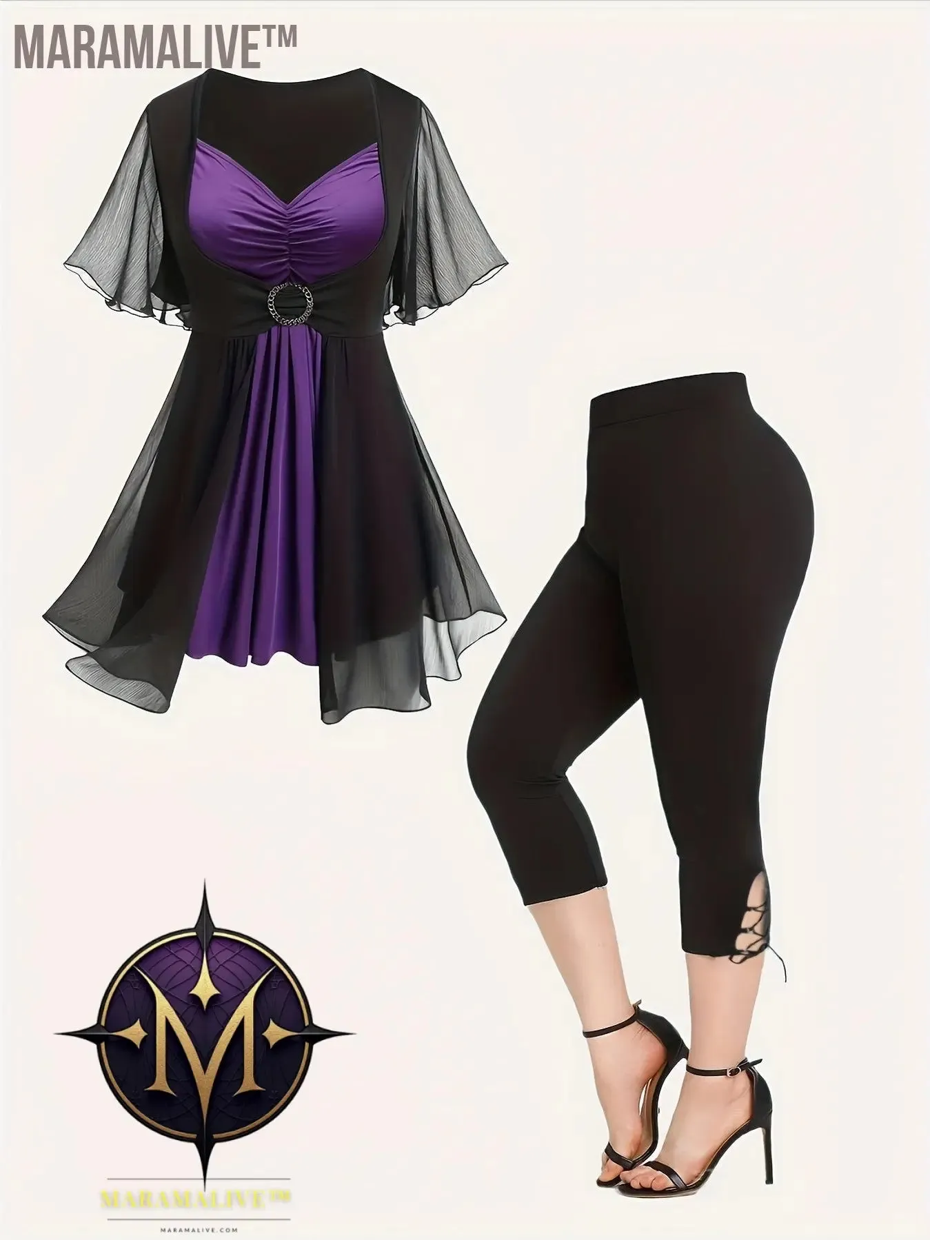 Plus Size Colorblock Two-piece Set, V Neck Gathered Short Sleeve Top & Skinny Capri Pants Outfits, Women's Plus Size Clothing