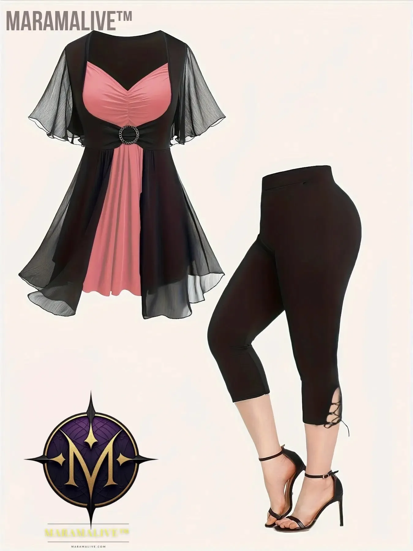 Plus Size Colorblock Two-piece Set, V Neck Gathered Short Sleeve Top & Skinny Capri Pants Outfits, Women's Plus Size Clothing