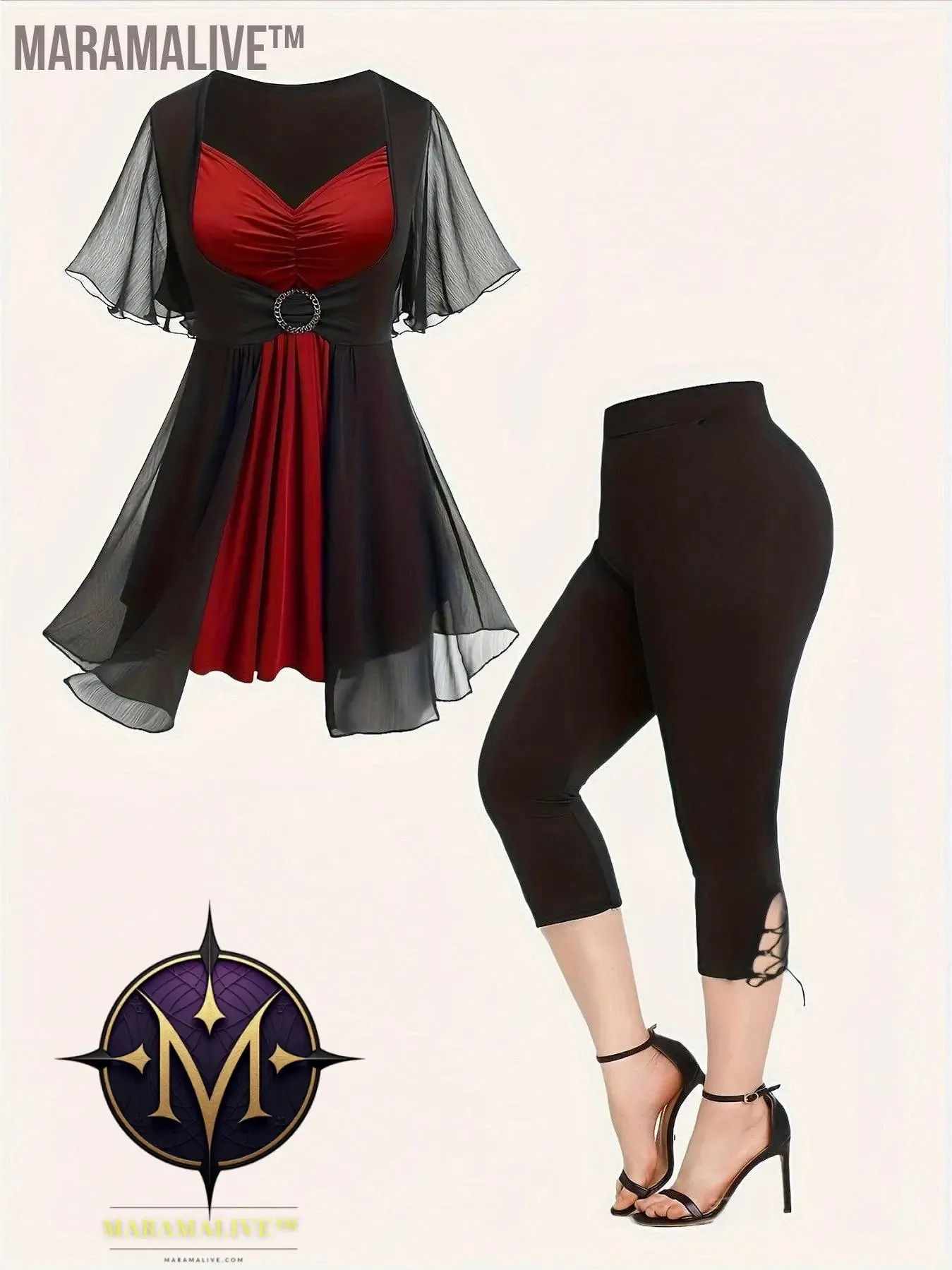 Plus Size Colorblock Two-piece Set, V Neck Gathered Short Sleeve Top & Skinny Capri Pants Outfits, Women's Plus Size Clothing