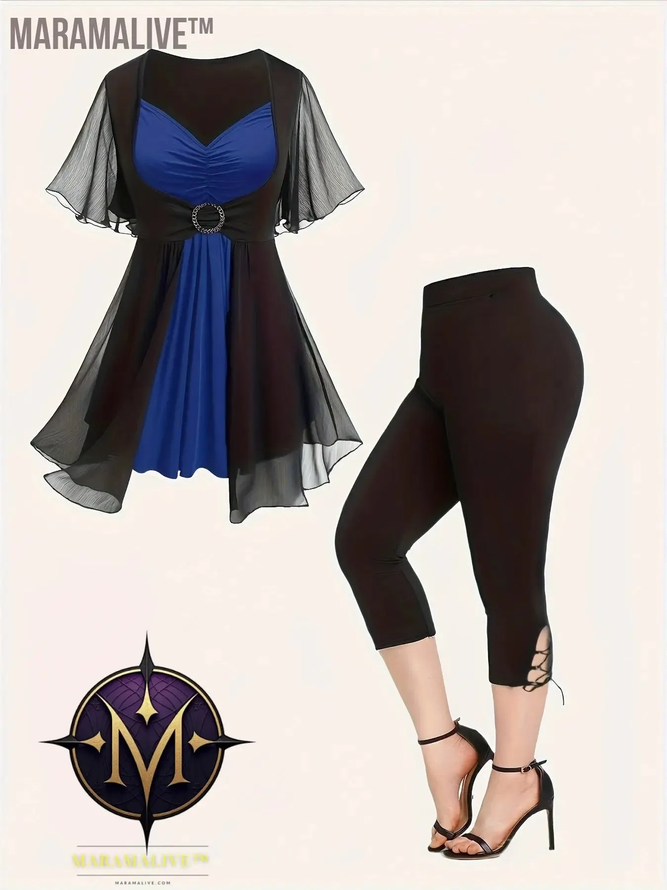 Plus Size Colorblock Two-piece Set, V Neck Gathered Short Sleeve Top & Skinny Capri Pants Outfits, Women's Plus Size Clothing
