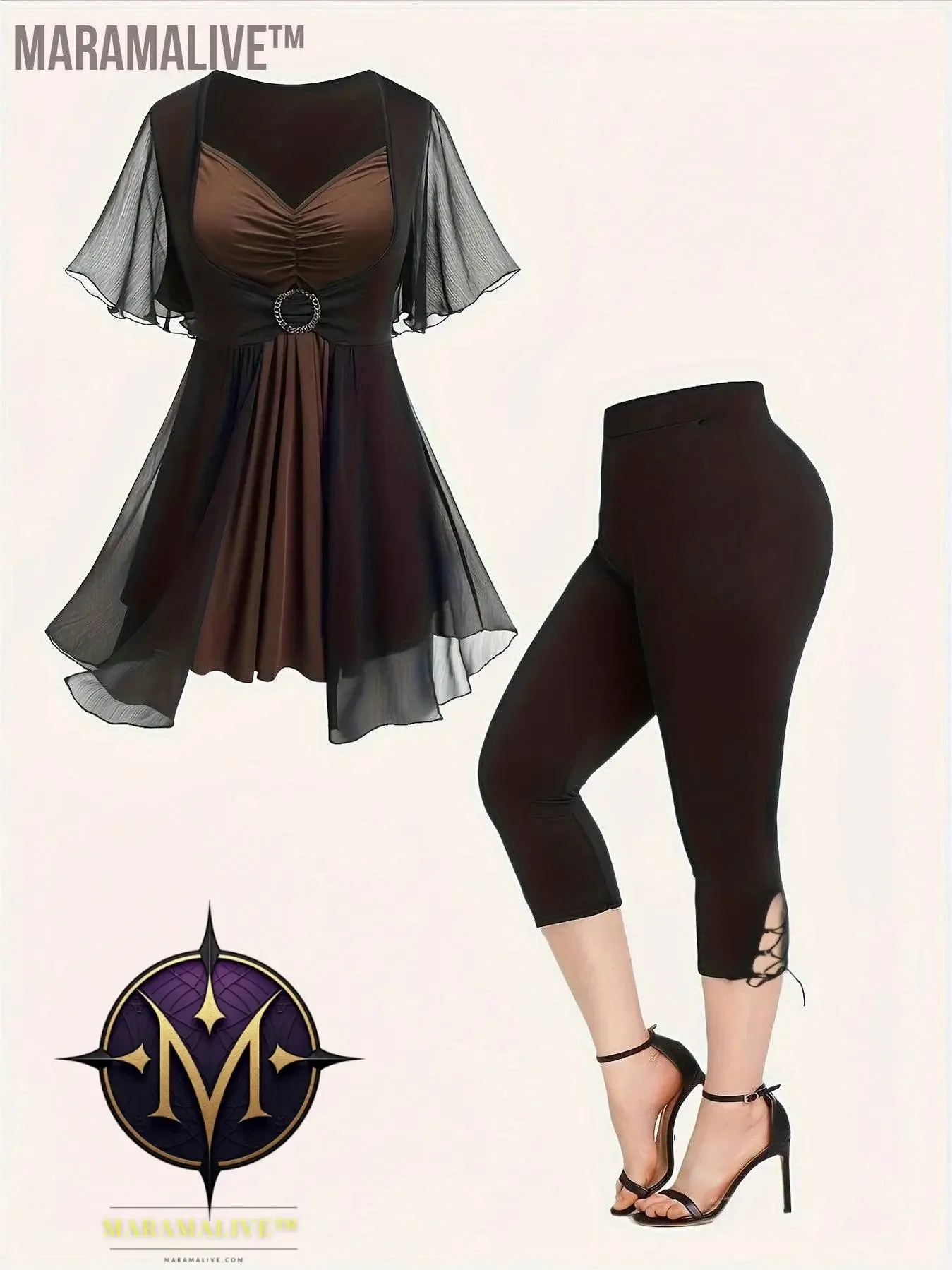 Plus Size Colorblock Two-piece Set, V Neck Gathered Short Sleeve Top & Skinny Capri Pants Outfits, Women's Plus Size Clothing