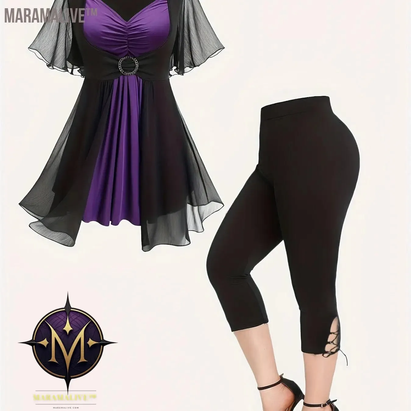 Plus Size Colorblock Two-piece Set, V Neck Gathered Short Sleeve Top & Skinny Capri Pants Outfits, Women's Plus Size Clothing