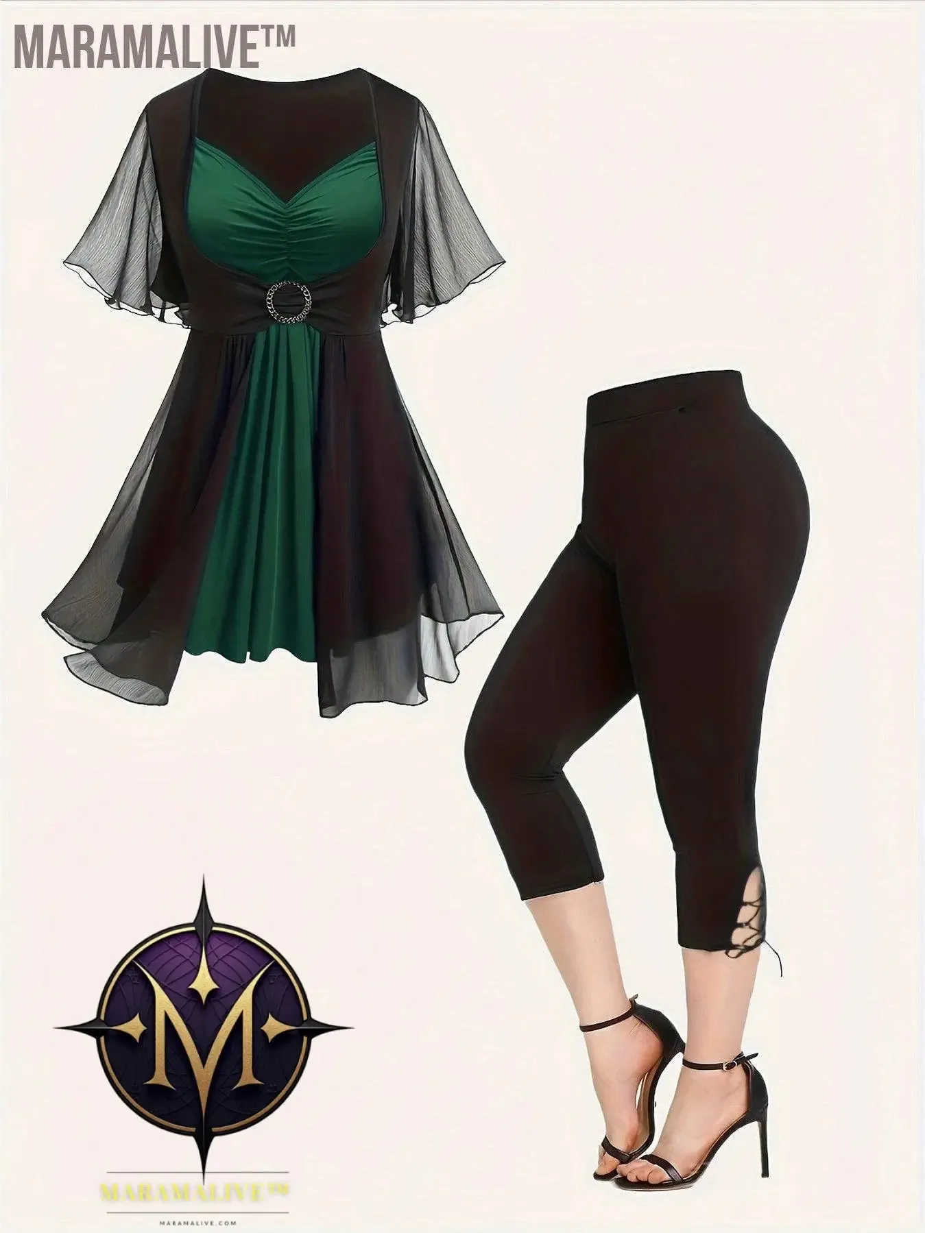 Plus Size Colorblock Two-piece Set, V Neck Gathered Short Sleeve Top & Skinny Capri Pants Outfits, Women's Plus Size Clothing
