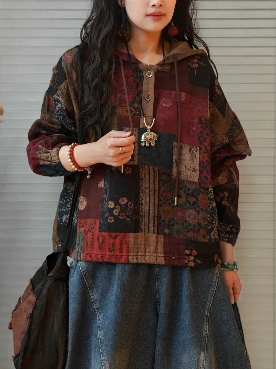 Plus Size Women Autumn Cotton Patchwork Hooded Sweatshirt