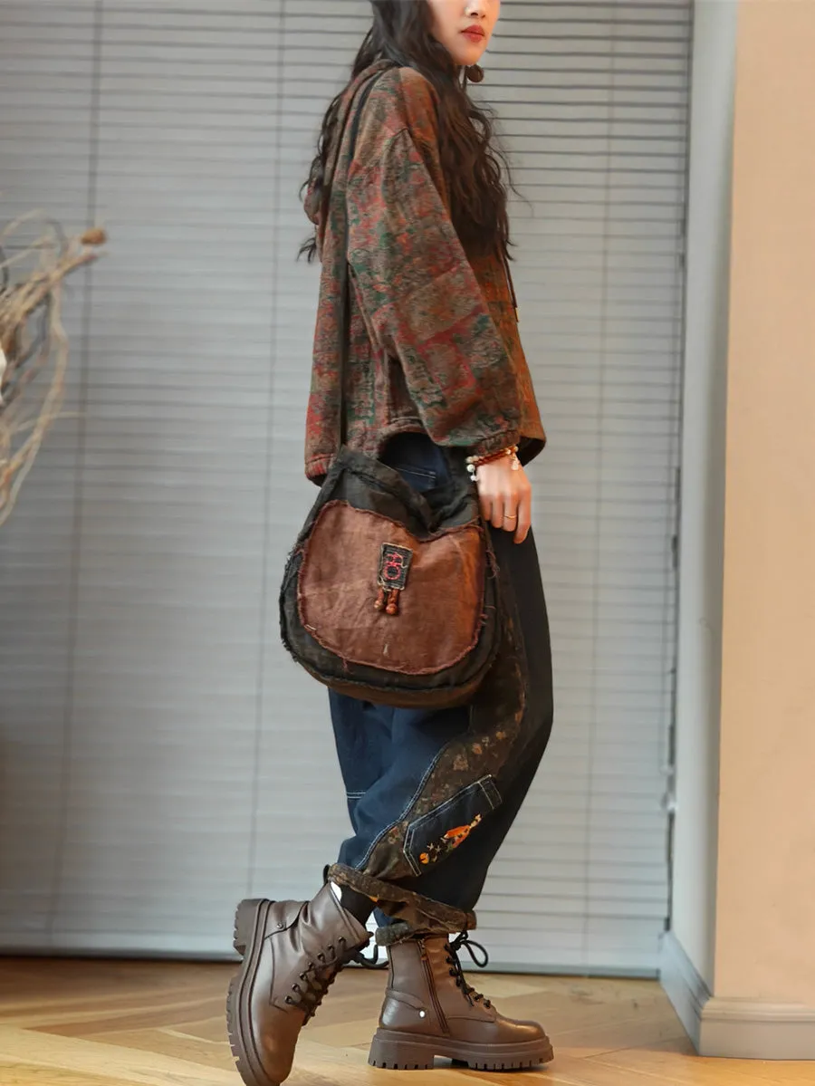 Plus Size Women Autumn Cotton Patchwork Hooded Sweatshirt