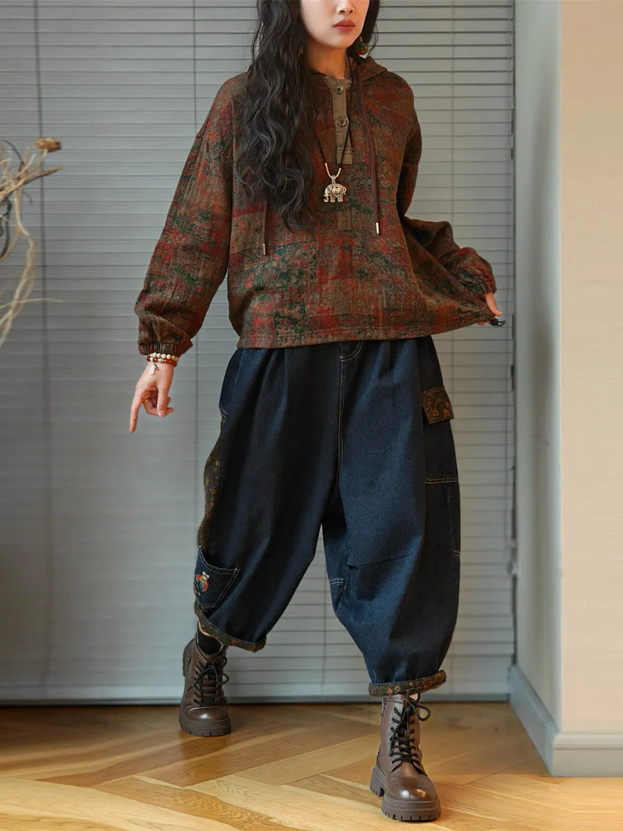 Plus Size Women Autumn Cotton Patchwork Hooded Sweatshirt