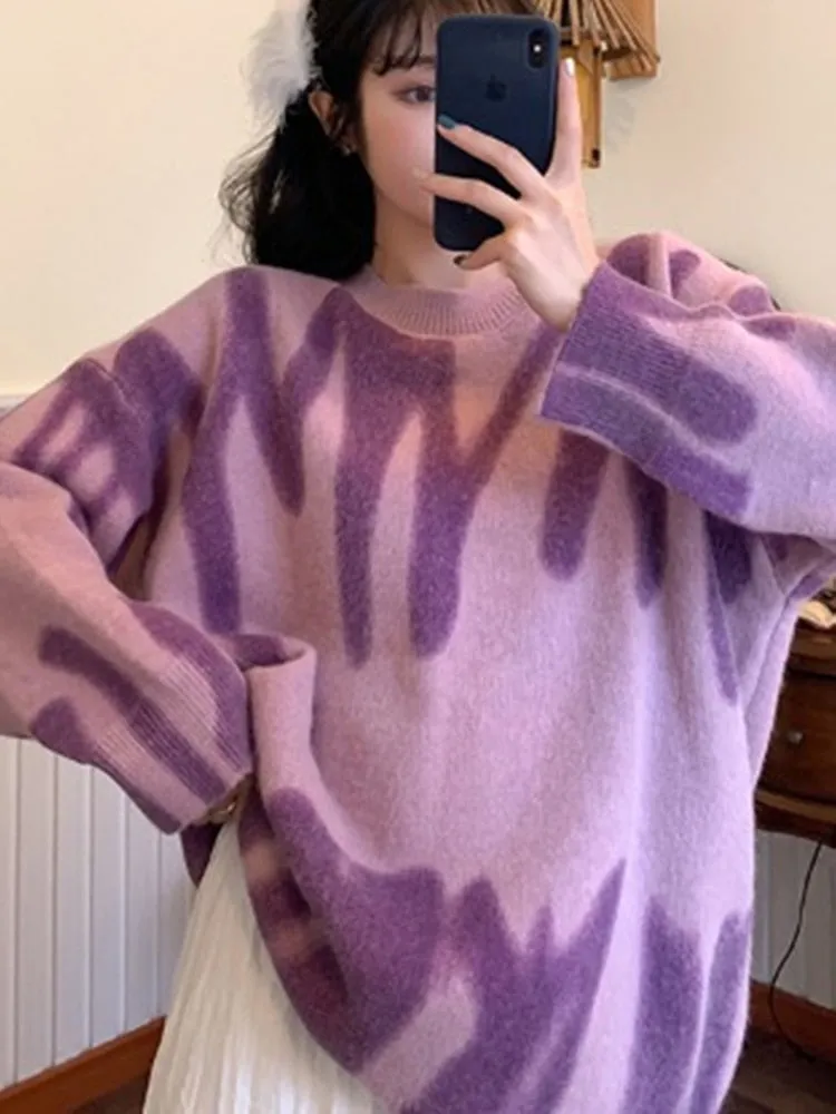 Print Knitted Sweater Women Elegant Green Striped Pullovers Sweater
