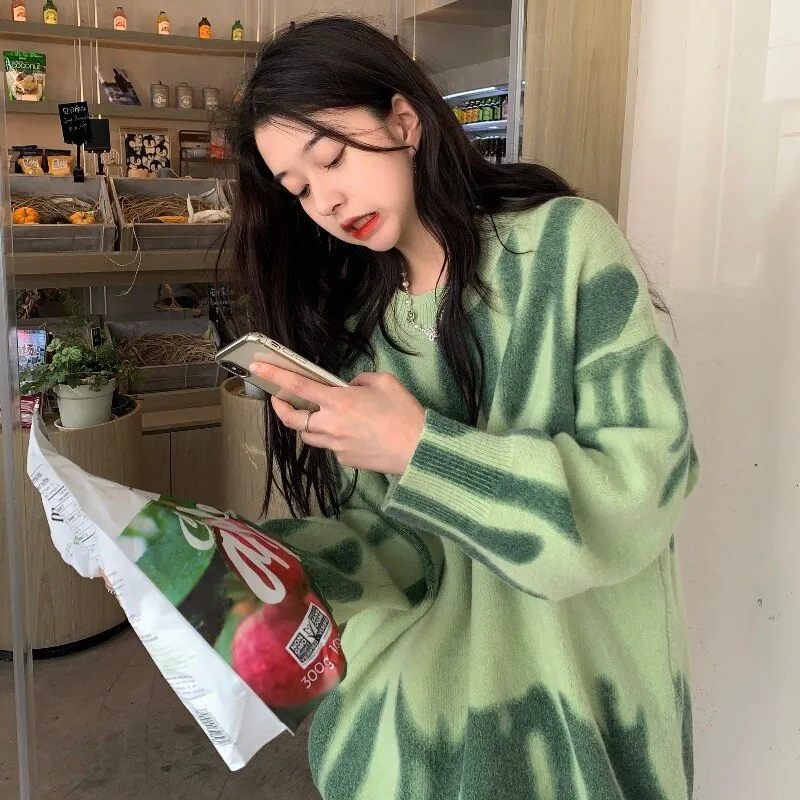 Print Knitted Sweater Women Elegant Green Striped Pullovers Sweater