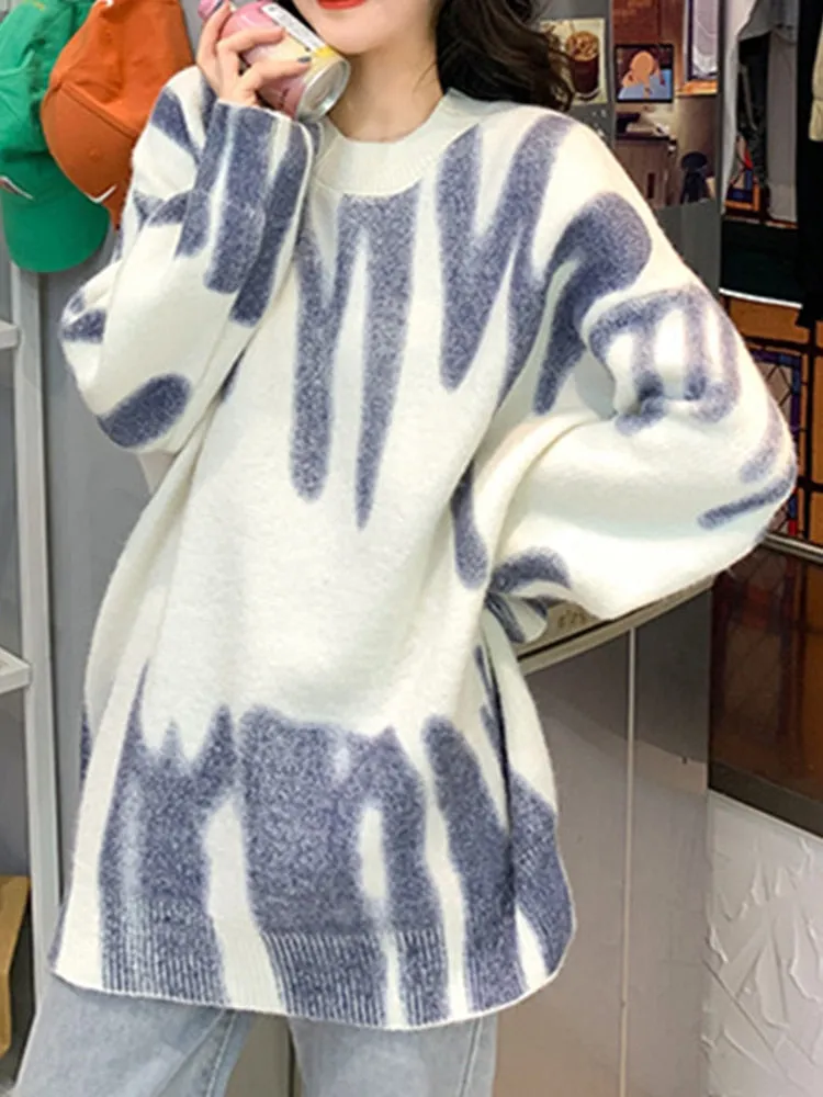 Print Knitted Sweater Women Elegant Green Striped Pullovers Sweater