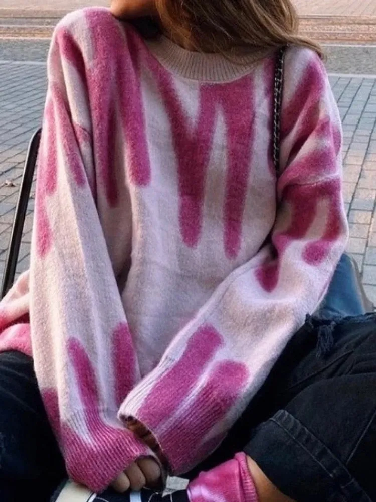 Print Knitted Sweater Women Elegant Green Striped Pullovers Sweater