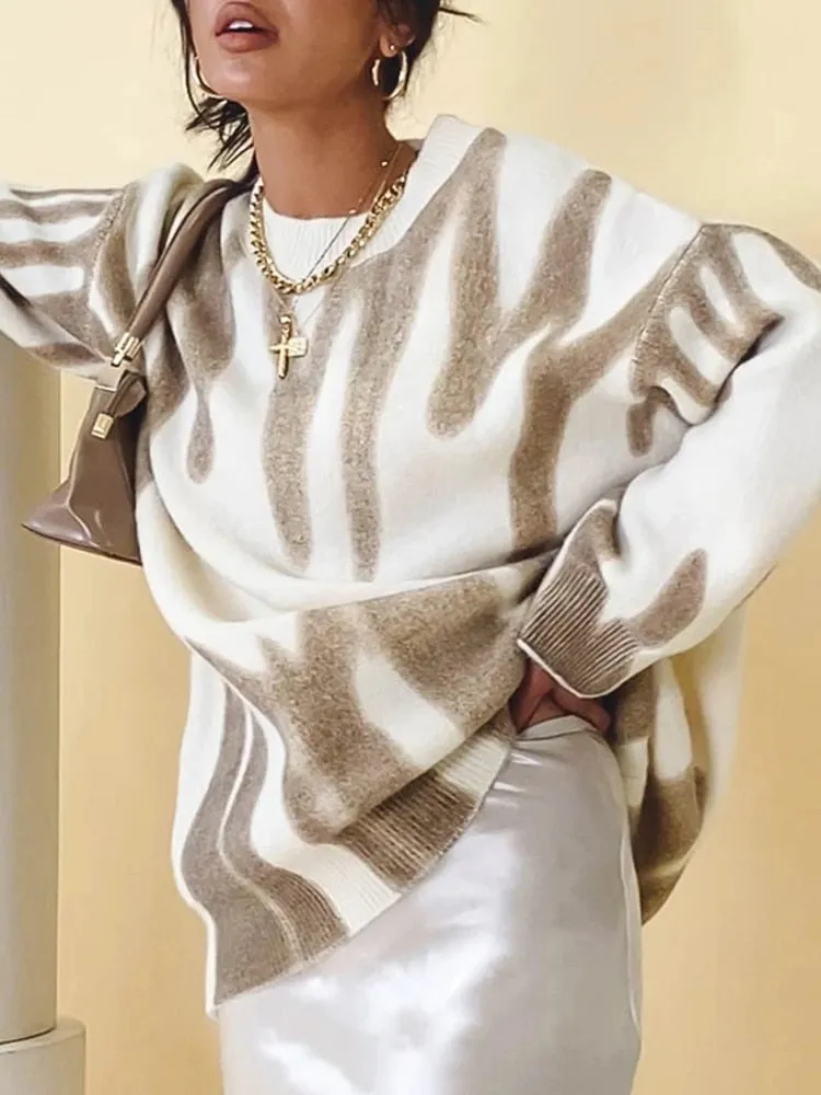 Print Knitted Sweater Women Elegant Green Striped Pullovers Sweater