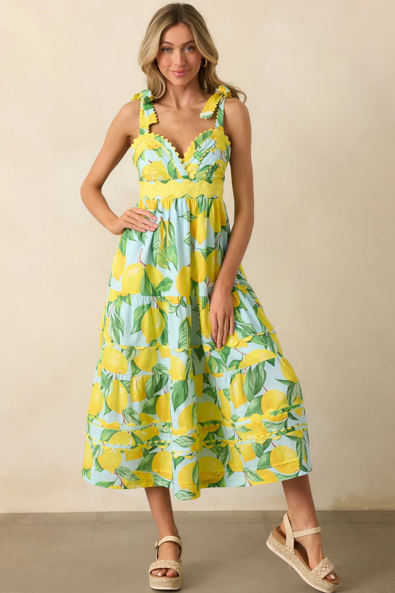 Prosperina Caterina Blue Lemon Print Cotton Midi Dress