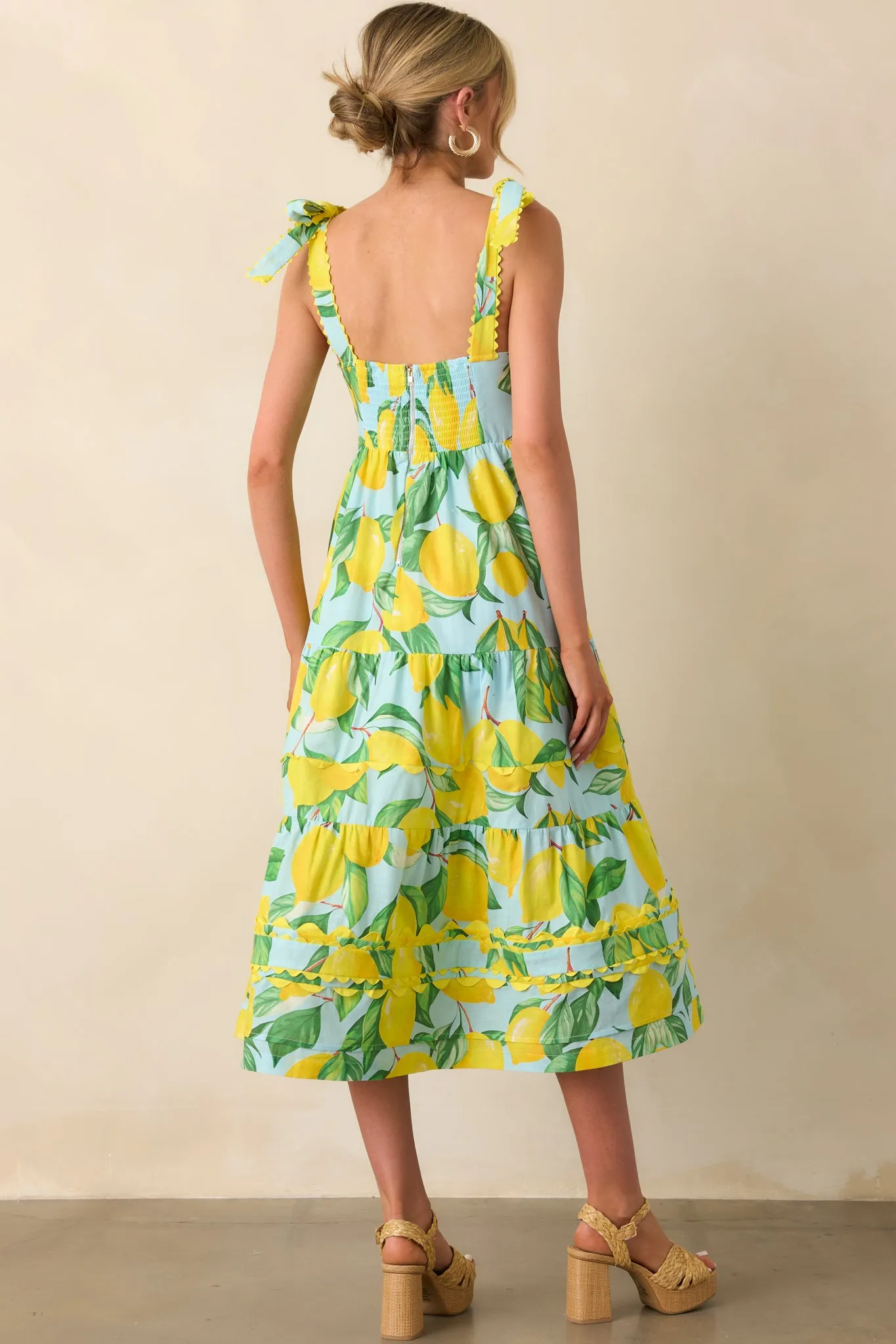 Prosperina Caterina Blue Lemon Print Cotton Midi Dress