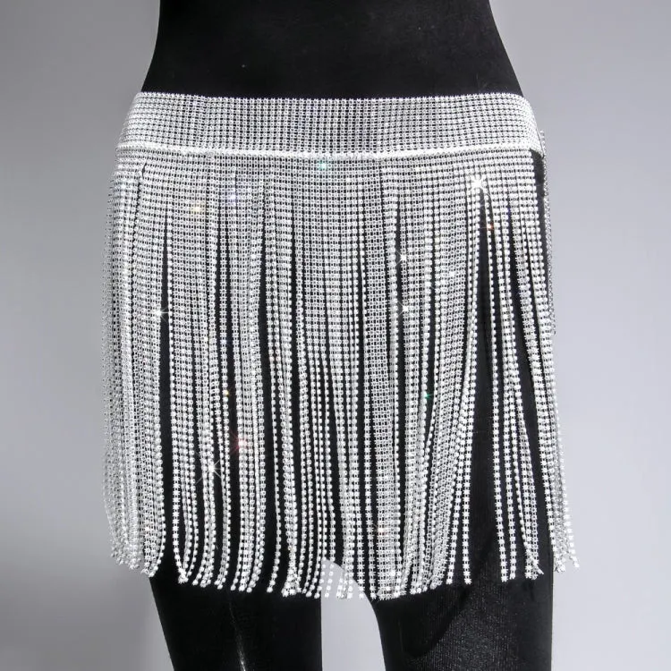 Rhinestone White Fringe Tassel Belt Skirt