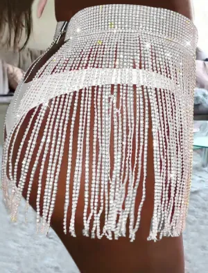 Rhinestone White Fringe Tassel Belt Skirt