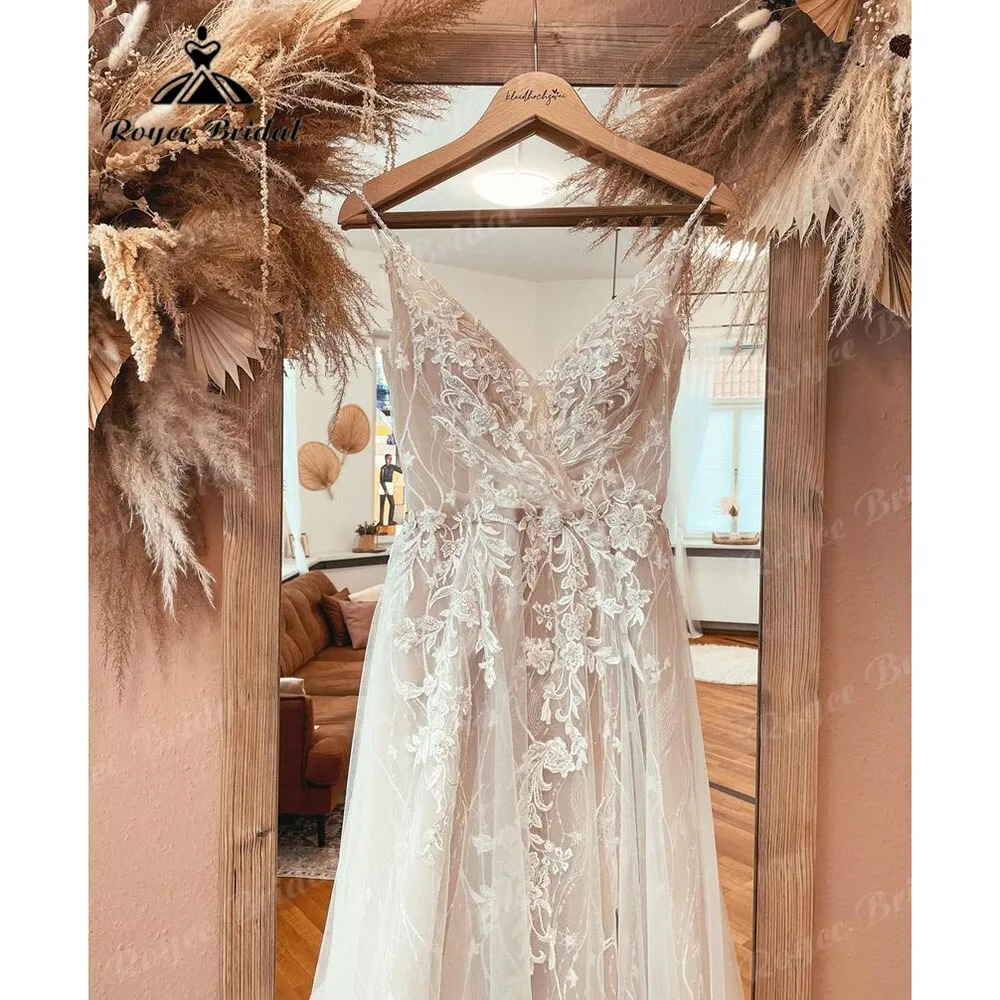 Robe Boho Champagne Lace Bohemian Backless Wedding Dress Beach V Neck 2025 Appliques Spaghetti Straps Bridal Gowns Custom Made