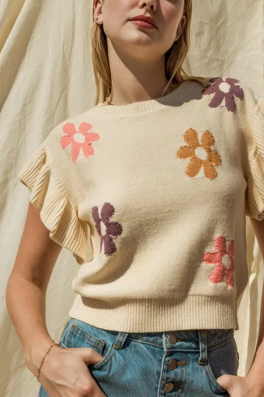 Round Neck Ruffle Sleeve Floral Graphic Knit Top, Gilli
