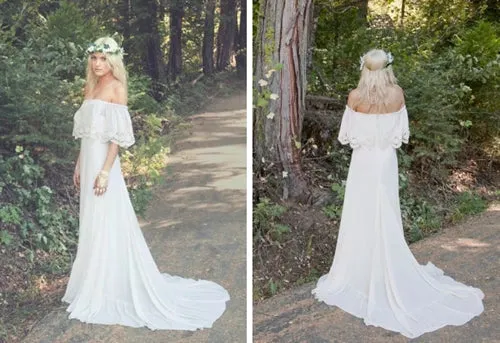 Roycebridal A-line Off the Shoulder Bohemian Lace Chiffon Ivory Summer Beach Wedding Dresses,MW344
