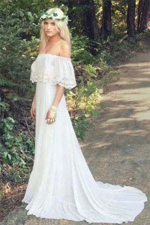 Roycebridal A-line Off the Shoulder Bohemian Lace Chiffon Ivory Summer Beach Wedding Dresses,MW344