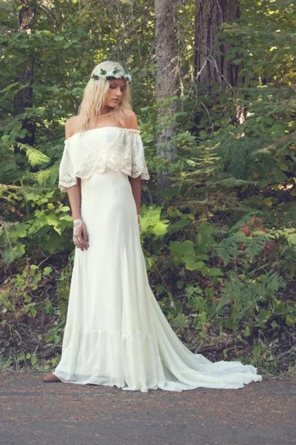 Roycebridal A-line Off the Shoulder Bohemian Lace Chiffon Ivory Summer Beach Wedding Dresses,MW344