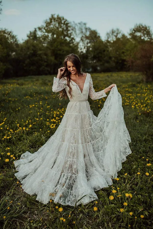 Roycebridal Bohemian Lace A-line V-neck Long Sleeves Wedding Dresses, Bridal Dress, MW608