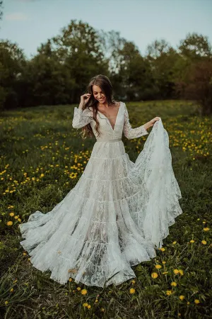 Roycebridal Bohemian Lace A-line V-neck Long Sleeves Wedding Dresses, Bridal Dress, MW608