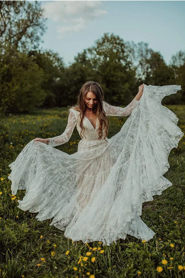 Roycebridal Bohemian Lace A-line V-neck Long Sleeves Wedding Dresses, Bridal Dress, MW608