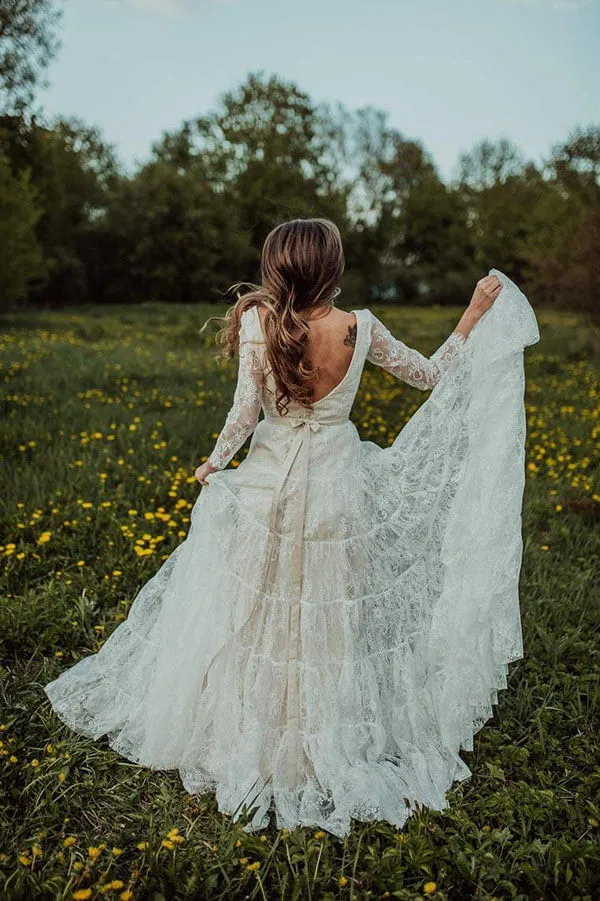 Roycebridal Bohemian Lace A-line V-neck Long Sleeves Wedding Dresses, Bridal Dress, MW608