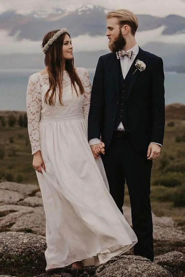 Roycebridal Chiffon Lace A-line Bateau Long Sleeves Wedding Dresses, Bridal Gown, MW846