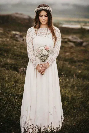 Roycebridal Chiffon Lace A-line Bateau Long Sleeves Wedding Dresses, Bridal Gown, MW846