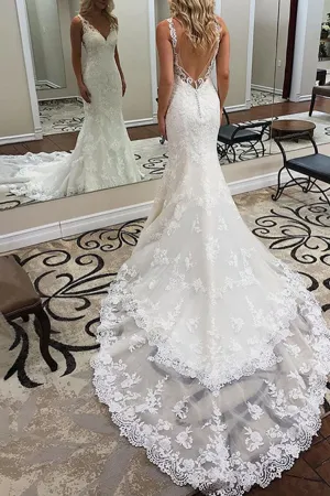 Roycebridal Elegant Mermaid V-neck Open Back Lace Wedding Dresses with Court Train,MW380