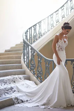 Roycebridal Elegant Spaghetti Straps Mermaid Wedding Dresses With Applique Court Train,MW325