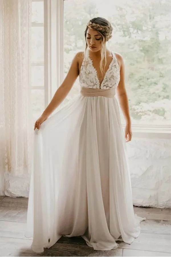 Roycebridal Elegant Tulle Criss Cross Deep V-Neck Wedding Dress with Waistband,MW355
