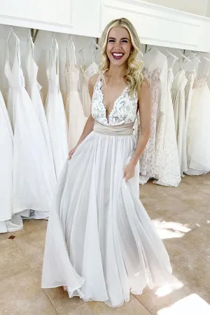 Roycebridal Elegant Tulle Criss Cross Deep V-Neck Wedding Dress with Waistband,MW355