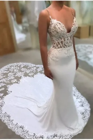 Roycebridal Glamorous Spaghetti-Straps Lace Wedding Dress Mermaid Bridal Gowns,MW290