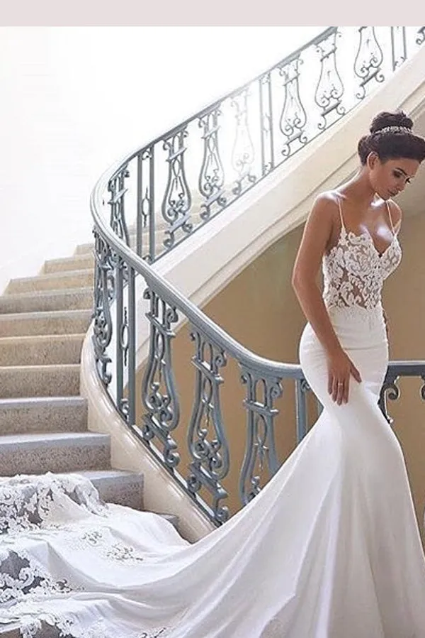 Roycebridal Glamorous Spaghetti-Straps Lace Wedding Dress Mermaid Bridal Gowns,MW290