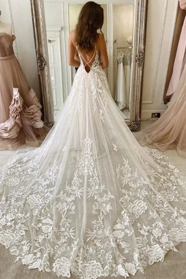 Roycebridal Gorgeous Ivory Tulle A-line Spaghetti Straps Lace Wedding Dresses, MW806