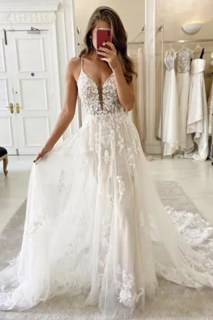 Roycebridal Gorgeous Ivory Tulle A-line Spaghetti Straps Lace Wedding Dresses, MW806