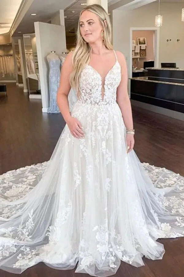 Roycebridal Gorgeous Ivory Tulle A-line Spaghetti Straps Lace Wedding Dresses, MW806