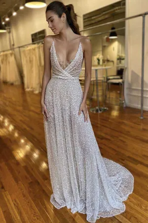 Roycebridal Gorgeous V-neck Spaghetti Straps Sequins Wedding Dresses with Train,Boho Beach Wedding Dresses,MW418