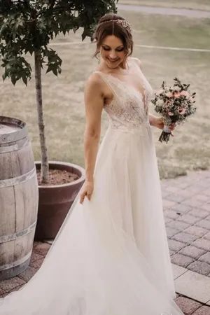Roycebridal Graceful Ivory Beaded Deep V Illusion A-Line Wedding Gown Lace Wedding Dress,MW365