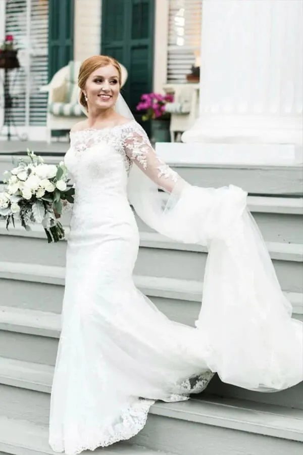 Roycebridal Ivory Lace Mermaid Off-the-Shoulder Long Sleeves Wedding Dresses, MW768