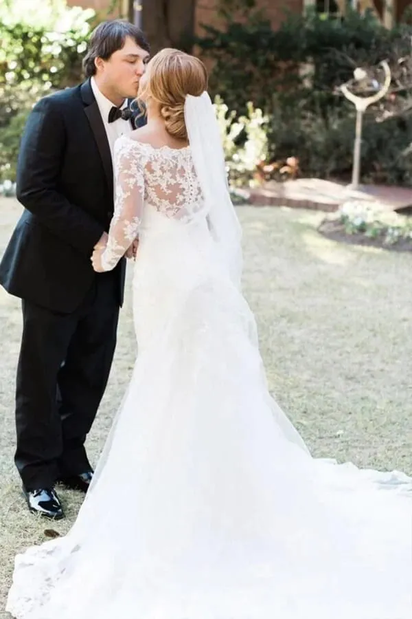 Roycebridal Ivory Lace Mermaid Off-the-Shoulder Long Sleeves Wedding Dresses, MW768