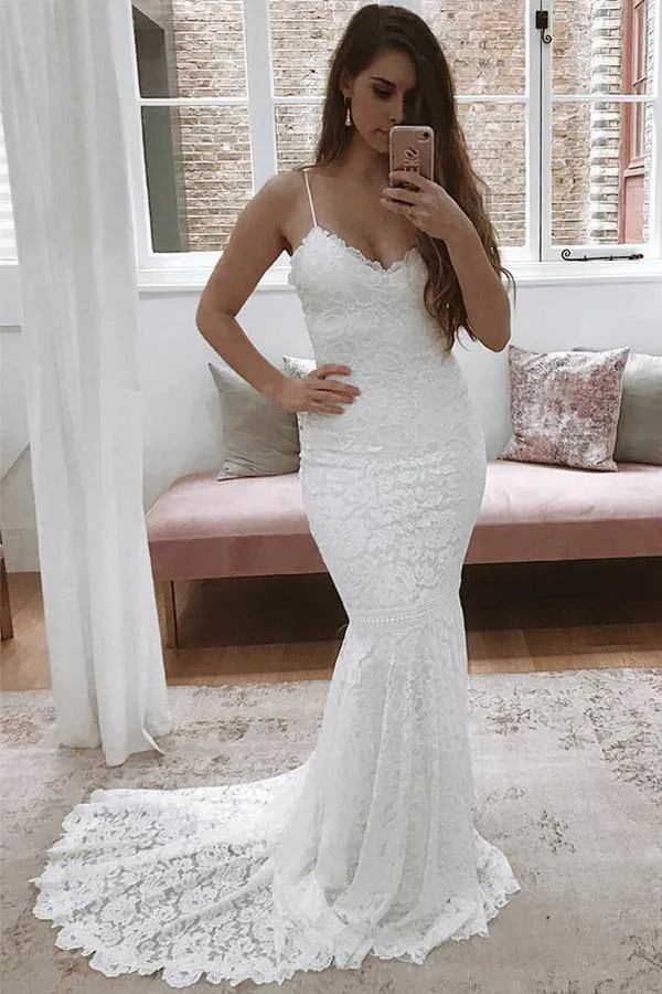 Roycebridal Lace Mermaid V-neck Spaghetti Straps Wedding Dress With Sweep Train, MW773