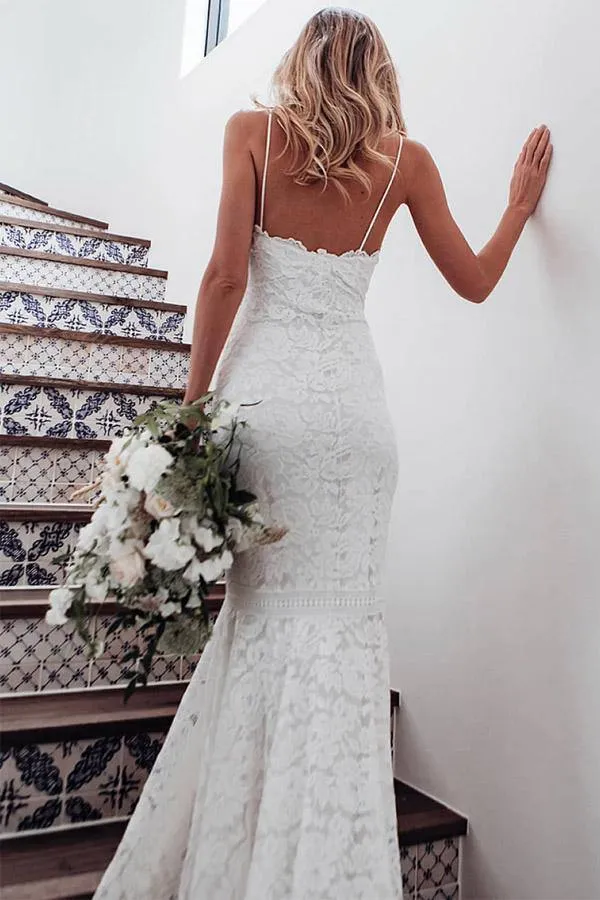 Roycebridal Lace Mermaid V-neck Spaghetti Straps Wedding Dress With Sweep Train, MW773