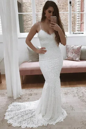 Roycebridal Lace Mermaid V-neck Spaghetti Straps Wedding Dress With Sweep Train, MW773